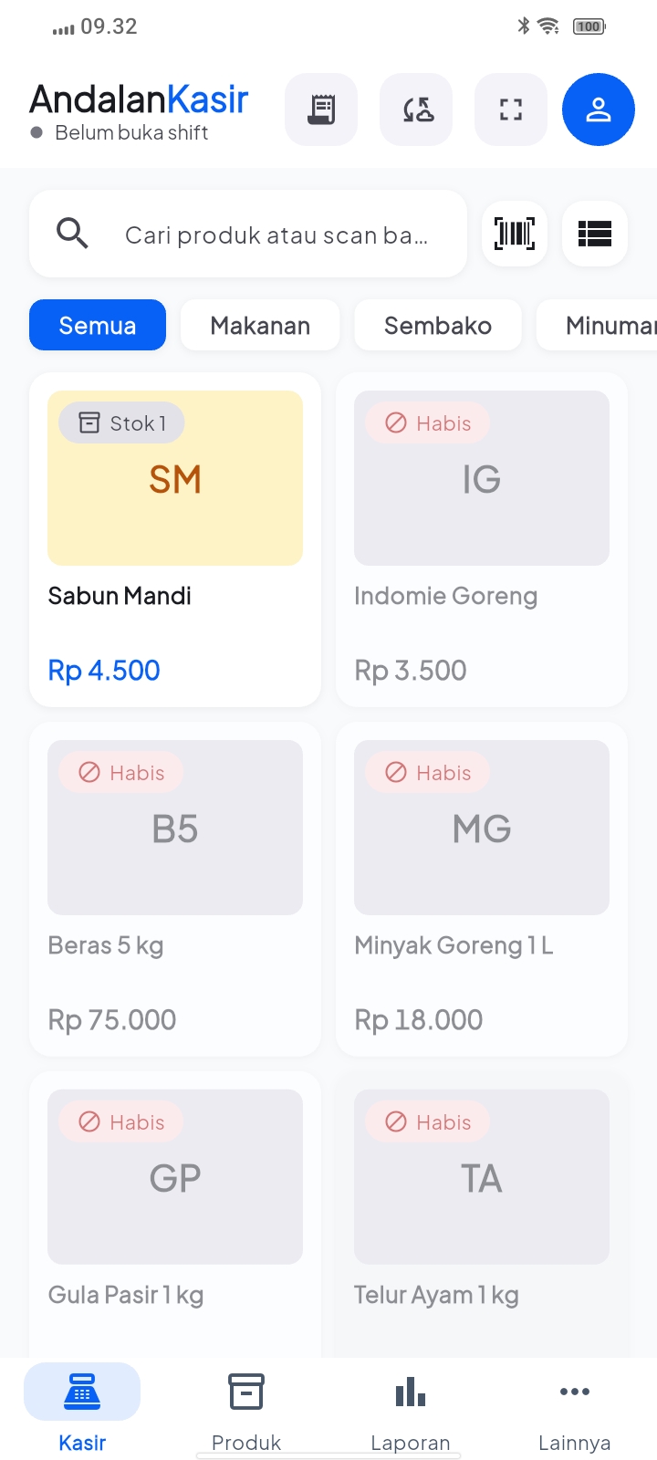 Layar kasir Andalan berisi daftar produk