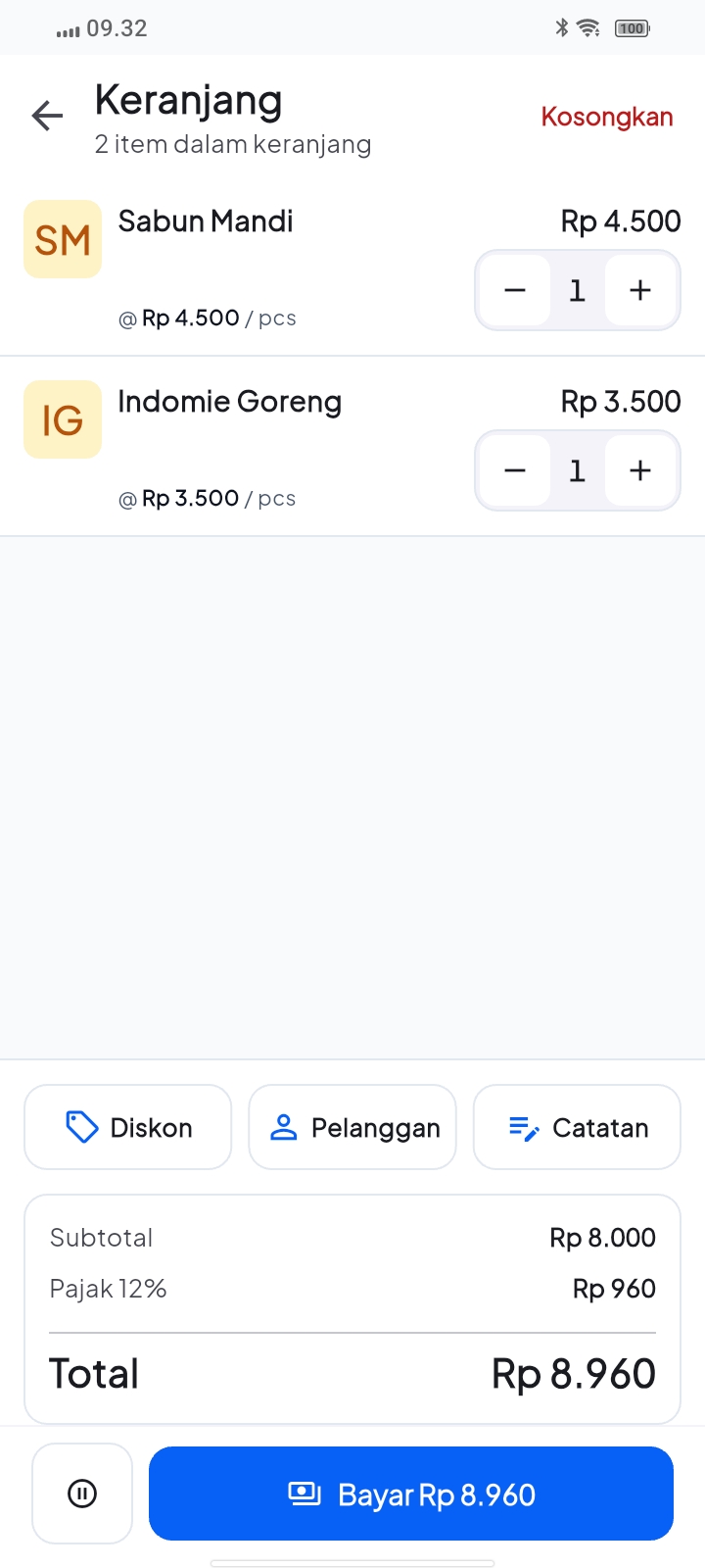 Layar keranjang Andalan dengan subtotal, pajak, dan total